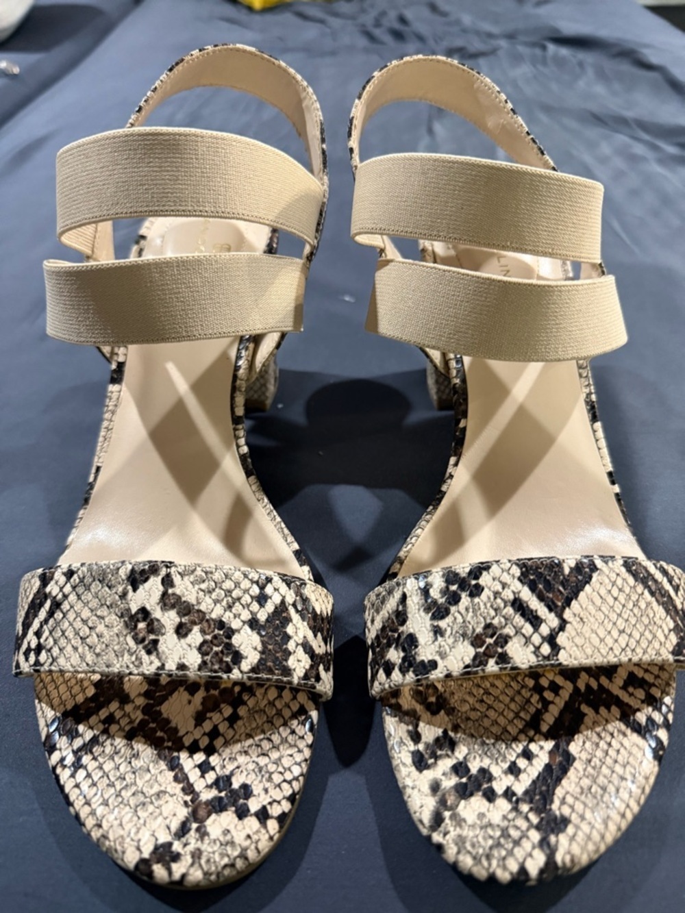 Bandolino Beige Snake-Print Strap Heels with Elastic Ankle Bands